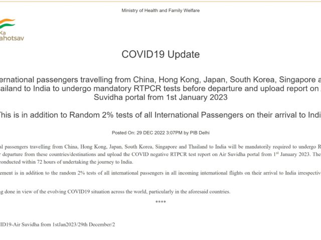 Thailand, Singapore, China, Hong Kong, South Korea and Japan to India to undergo mandatory RTPCR tests before departure